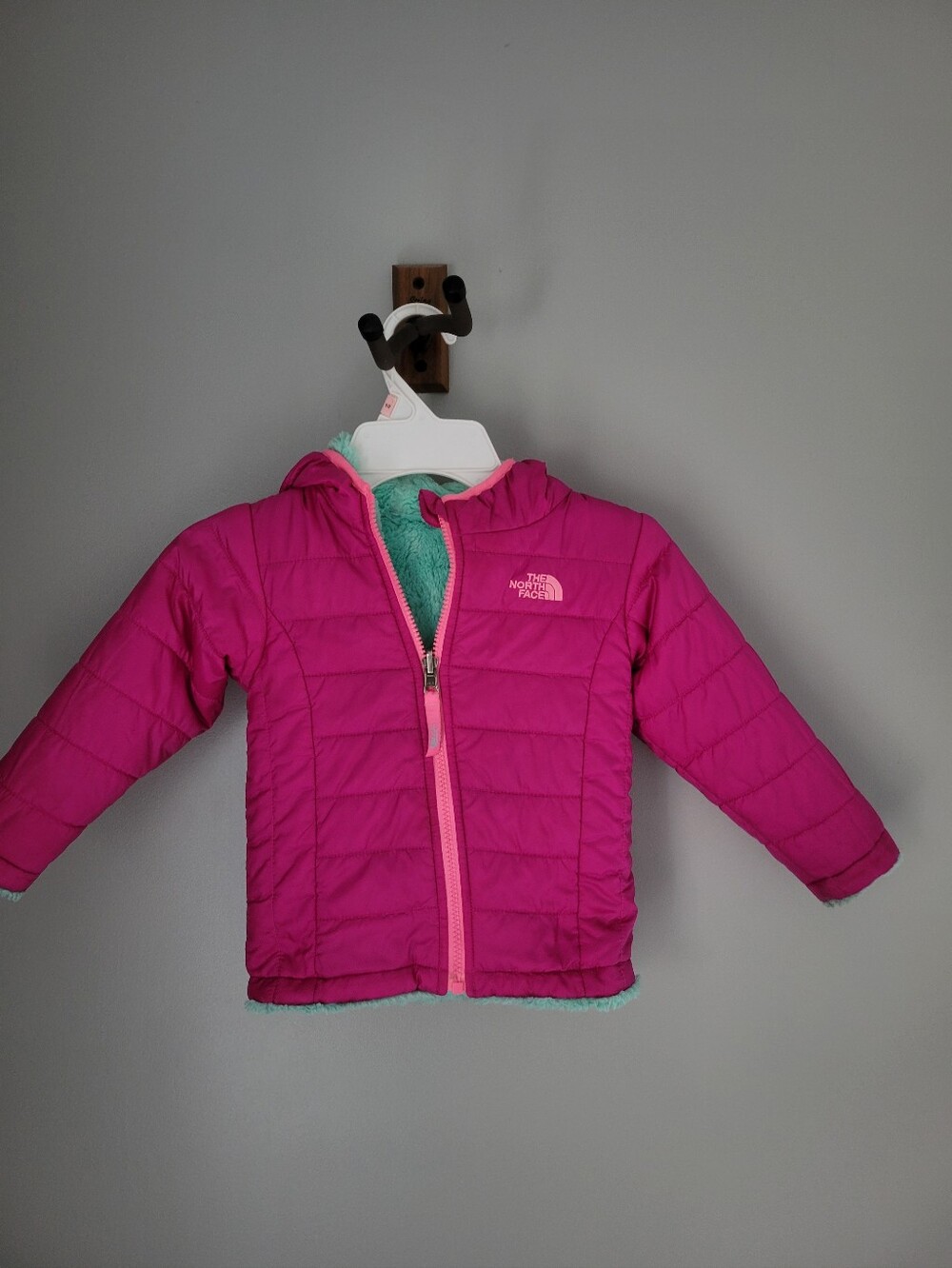 The North Face Girls Reversible Puffer Jacket Size 3T Fleece Hot Pink Teal